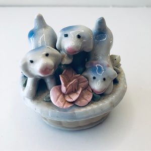 VINTAGE HAND PAINTED PORCELAIN 3 PUPPIES IN A WICKER FLORAL BASKET FIGURINE